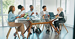 Business people, meeting and planning for strategy, brainstorming or schedule in the boardroom. Group of employee workers sharing ideas in team discussion, project plan or collaboration at the office