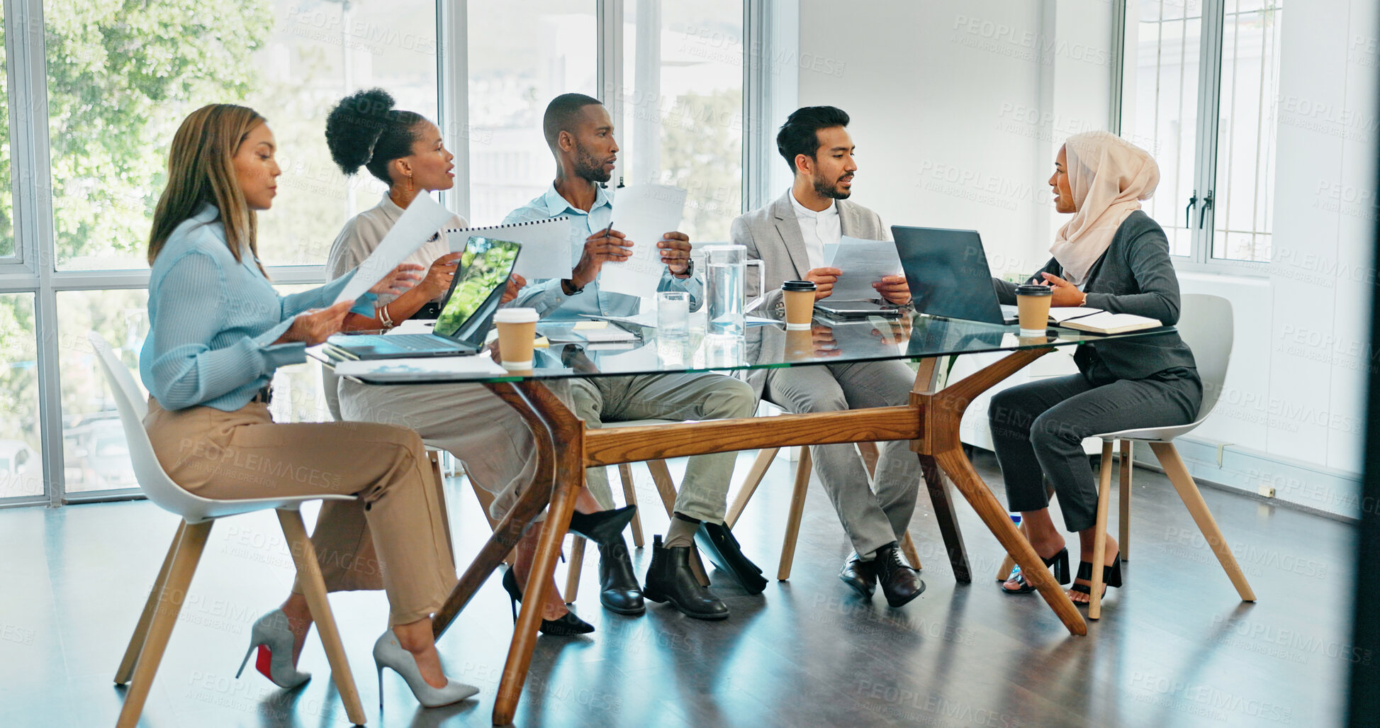 Buy stock photo Meeting, teamwork and coaching with a group of business people in a boardroom together for strategy. Collaboration, workshop or diversity with an employee team in an office for game plan discussion