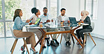 Business people, meeting and planning for strategy, brainstorming or schedule in the boardroom. Group of employee workers sharing ideas in team discussion, project plan or collaboration at the office