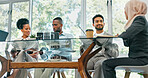 Business people, meeting and planning for strategy, brainstorming or schedule in the boardroom. Group of employee workers sharing ideas in team discussion, project plan or collaboration at the office