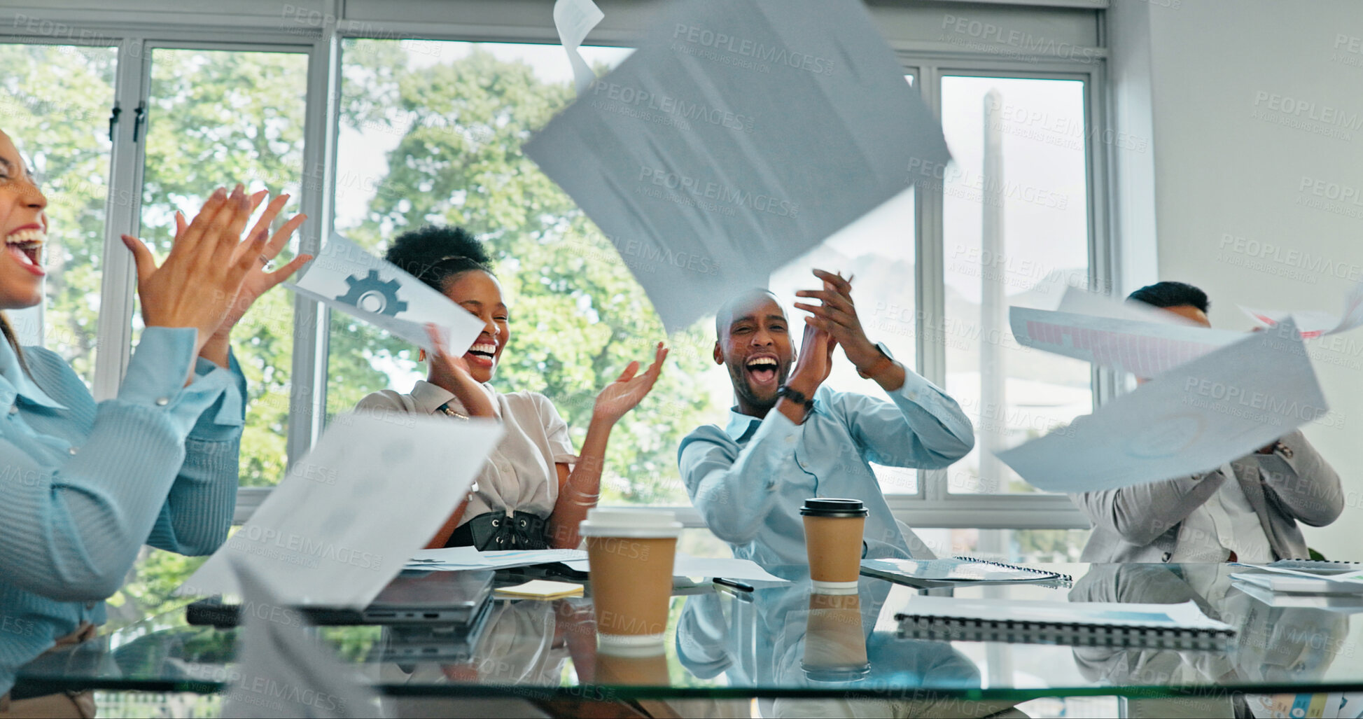 Buy stock photo Teamwork, celebration and paperwork in air, meeting and success on deal, collaboration or happy staff. Office, goals and business people cheering with pride for winning achievement and documents