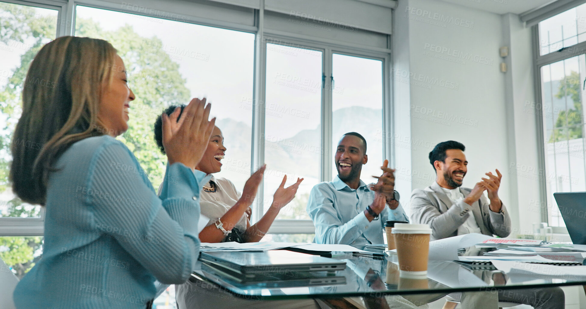 Buy stock photo Meeting, teamwork and applause with a team of business people in a boardroom together for motivation. Collaboration, winner or support with an employee group clapping in an office for success