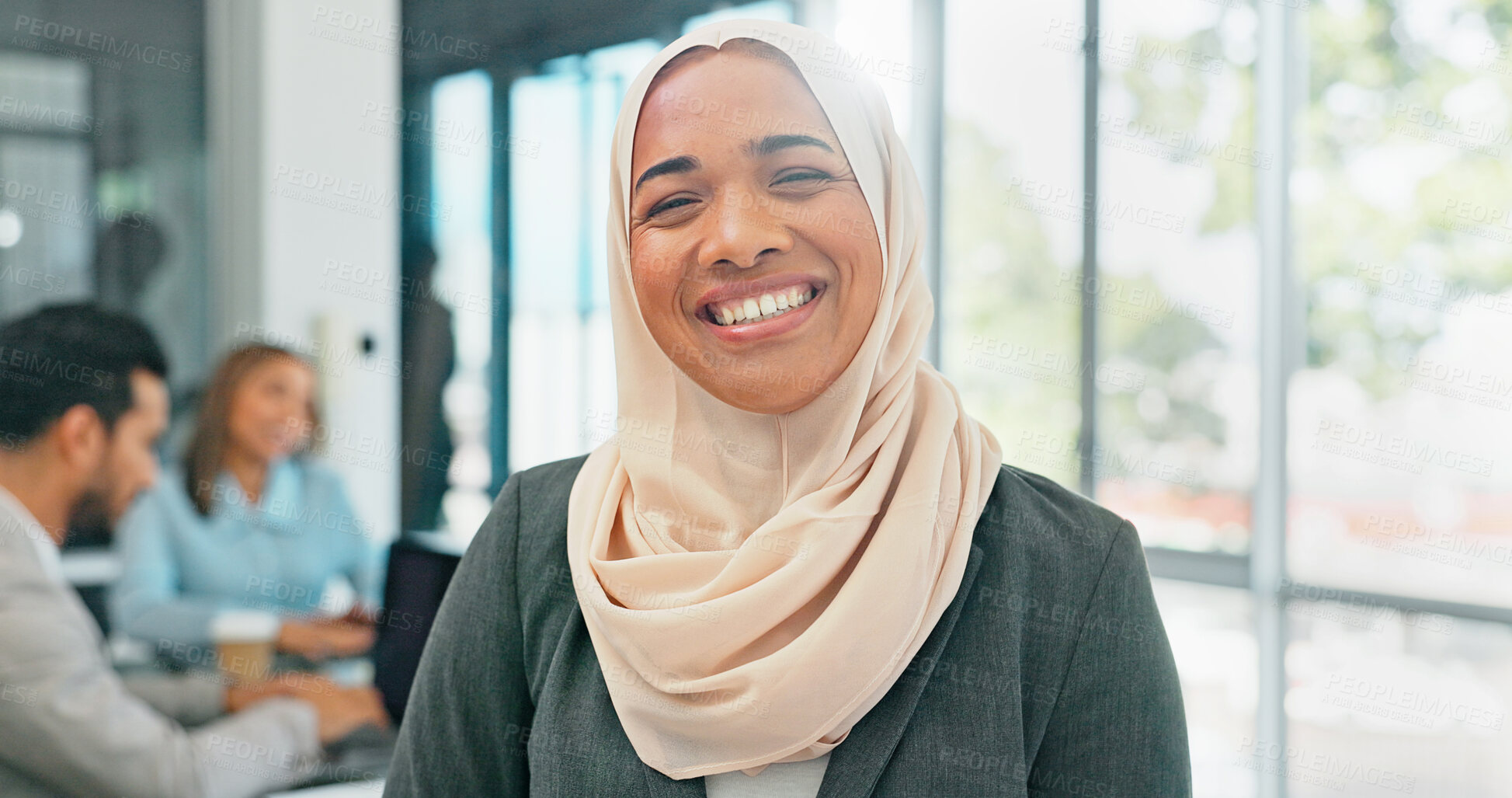 Buy stock photo Happy, muslim and portrait with a business woman in her office at work with a hijab for religion or faith. Corporate, professional and smile with islamic female employee standing in her workplace