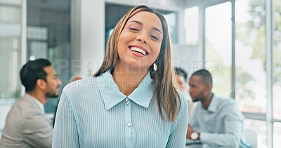 Buy stock photo Business, meeting and portrait of woman with smile at workshop for strategy, planning and work on vision. Teamwork, collaboration and diversity with a happy employee at financial advisory agency