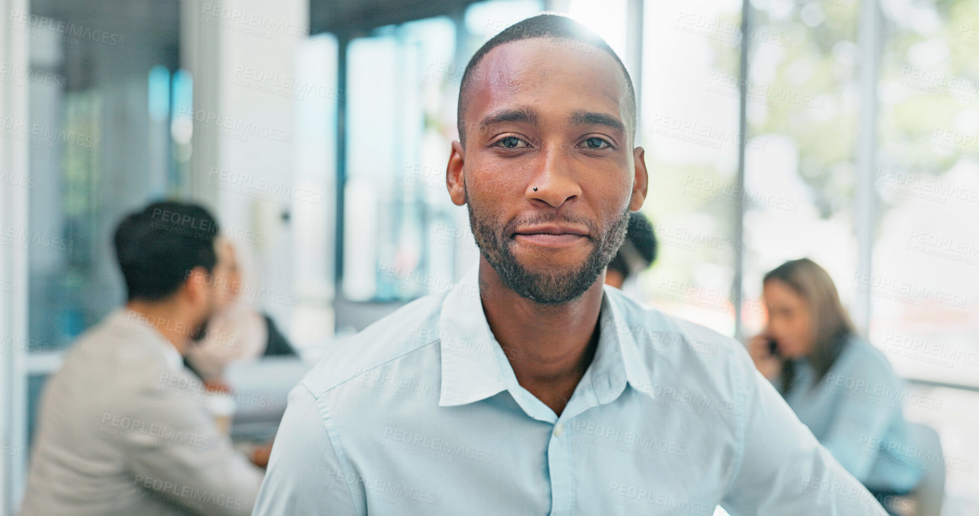 Buy stock photo Portrait, business and black man in office, corporate workplace and coworking in company. Face, professional entrepreneur and African consultant, employee or confident worker in career for advisory