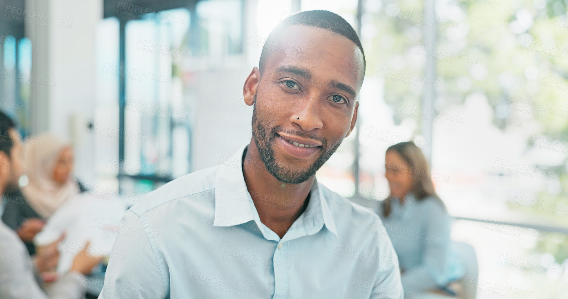 Buy stock photo Portrait, smile and a business black man in the office with his team for a planning meeting. Face, management and a happy young professional employee in the boardroom for corporate collaboration