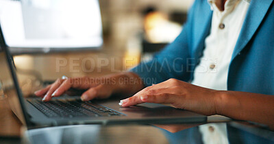 Laptop, hands and business woman in office for typing, email or planning with screen display and mockup. Website, design and female designer working on creative, idea nd branding research with space