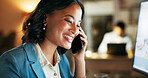 Phone call, smile and night with business woman at computer for planning, networking and digital marketing. Leadership, management and deal with employee in office for help, review and website