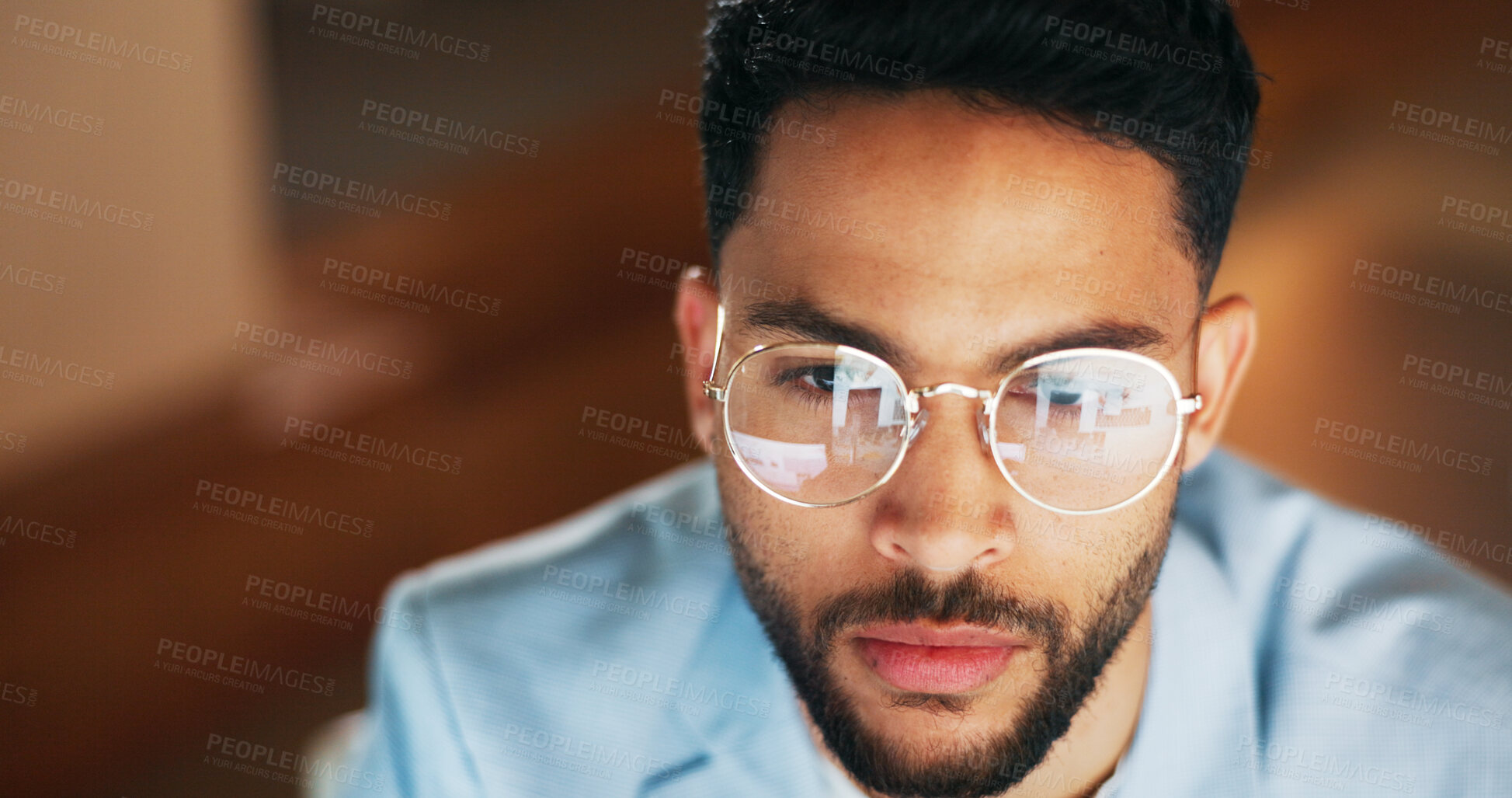 Buy stock photo Business man, reading online and glasses reflection for night coding, programming and software development or solution. Young IT professional or programmer problem solving at a startup tech company  