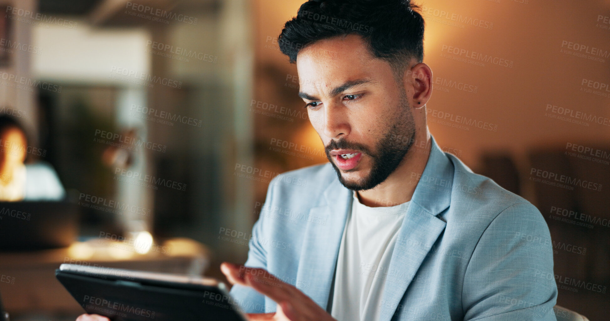 Buy stock photo Businessman, tablet and thinking in night office for online communication, networking or creative startup website. Professional male person, web design or deadline research of project planning report
