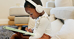 Language learning, headphones and black child with tablet for online education translation website or video call. Relax kid with digital technology listening and speaking for online learning games