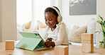 Language learning, headphones and black child with tablet for online education translation website or video call. Relax kid with digital technology listening and speaking for online learning games