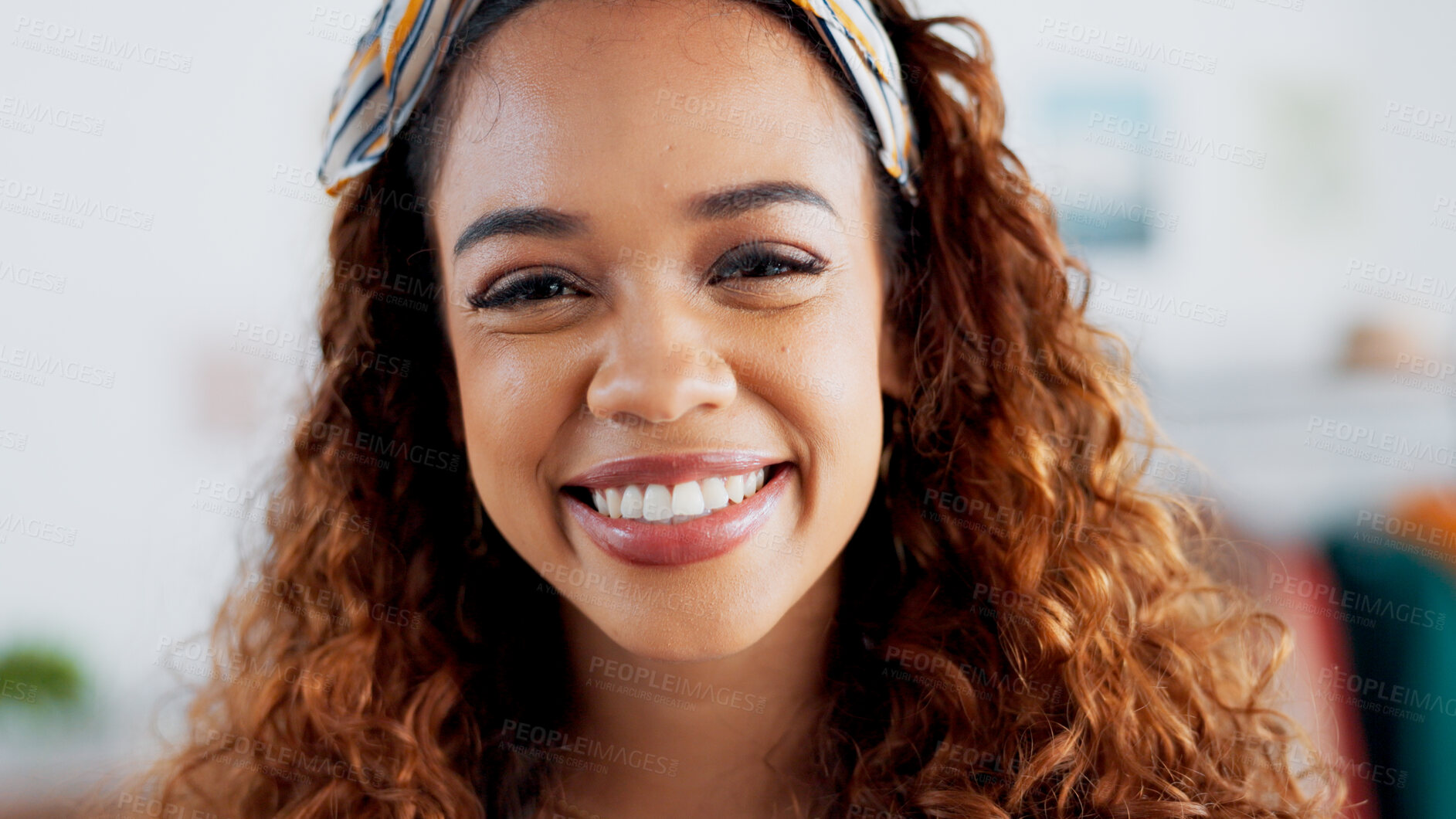 Buy stock photo Portrait, smile and business woman in office working in retail at startup shop, boutique and fashion design studio. Face of happy creative professional entrepreneur, employee or tailor in workplace