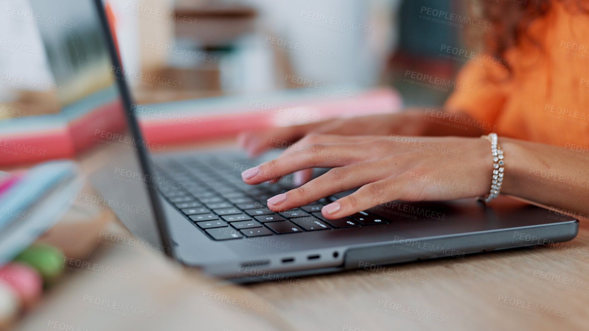 Buy stock photo Employee, hands and woman with a laptop, typing or connection with research, online reading or email notification. Closeup, person or consultant with a pc, communication or professional with internet