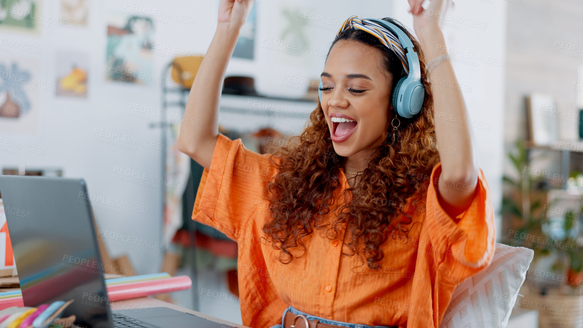 Buy stock photo Happy woman, laptop and headphones listening to music, podcast or audio streaming at office. Female person smile in relax with headset enjoying sound, playlist or song album on computer at workplace