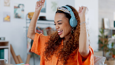 Music, headphones and Woman dancing to radio podcast, streaming online with laptop at work. Designer freedom with web audio, inspiration and employee listening to song on internet, dancing or singing