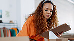 Entrepreneur, stock taking and woman with clipboard for small business, working and check package with inventory. Young business owner, retail and workshop, writing and prepare for delivery.