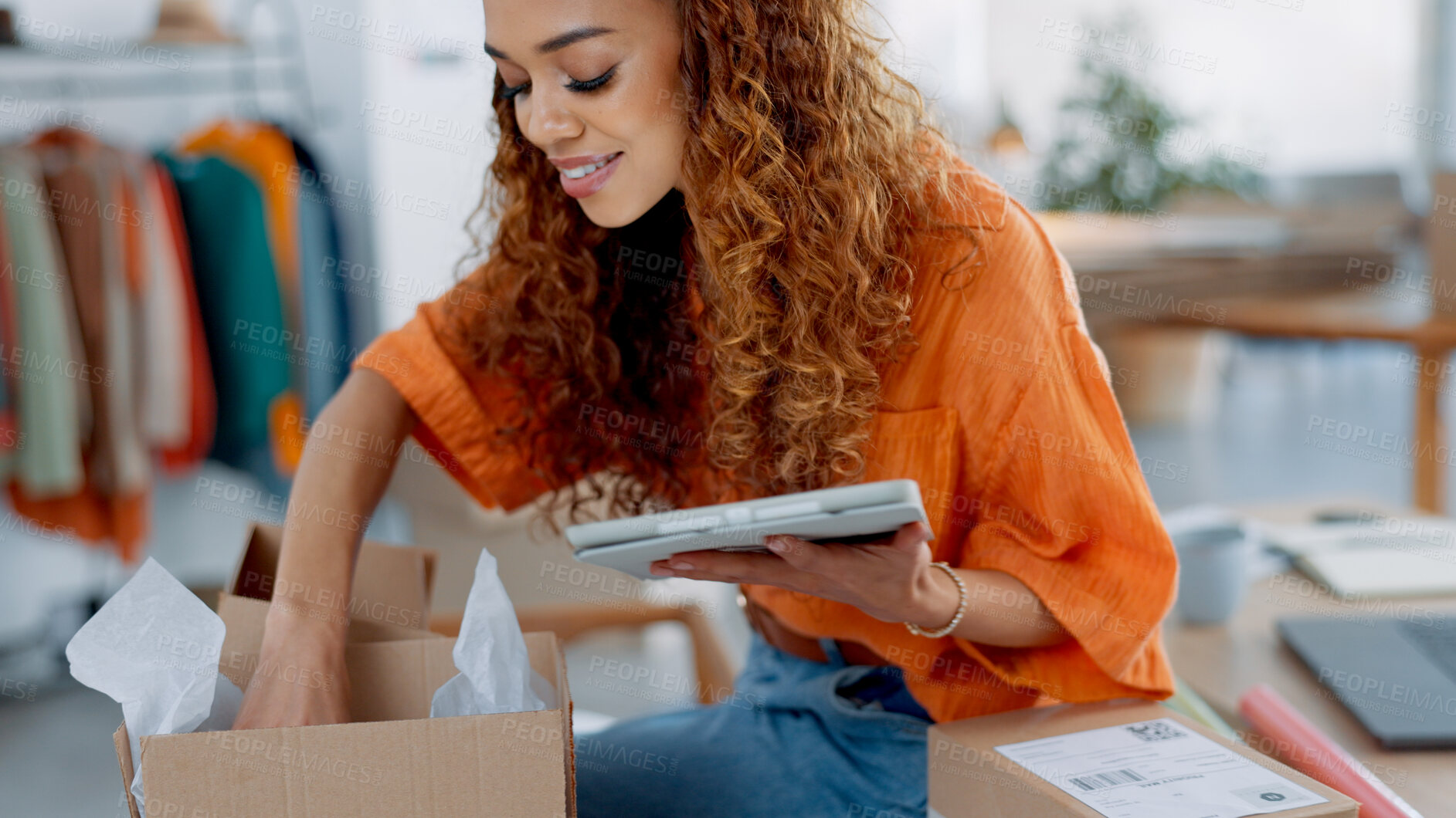 Buy stock photo Tablet, retail or fashion manager with a checklist, inspection or prepare order in a store. Person, worker or entrepreneur with tech, products or stock delivery with quality control or small business