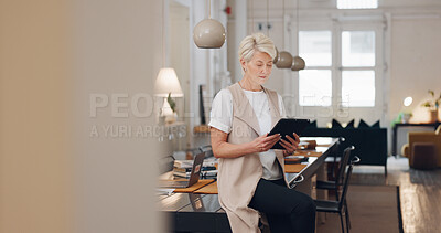 Business woman with tablet, senior and ceo face in modern office, prepare for meeting and conference room with smile and technology. Professional portrait, company and executive, technology and happy