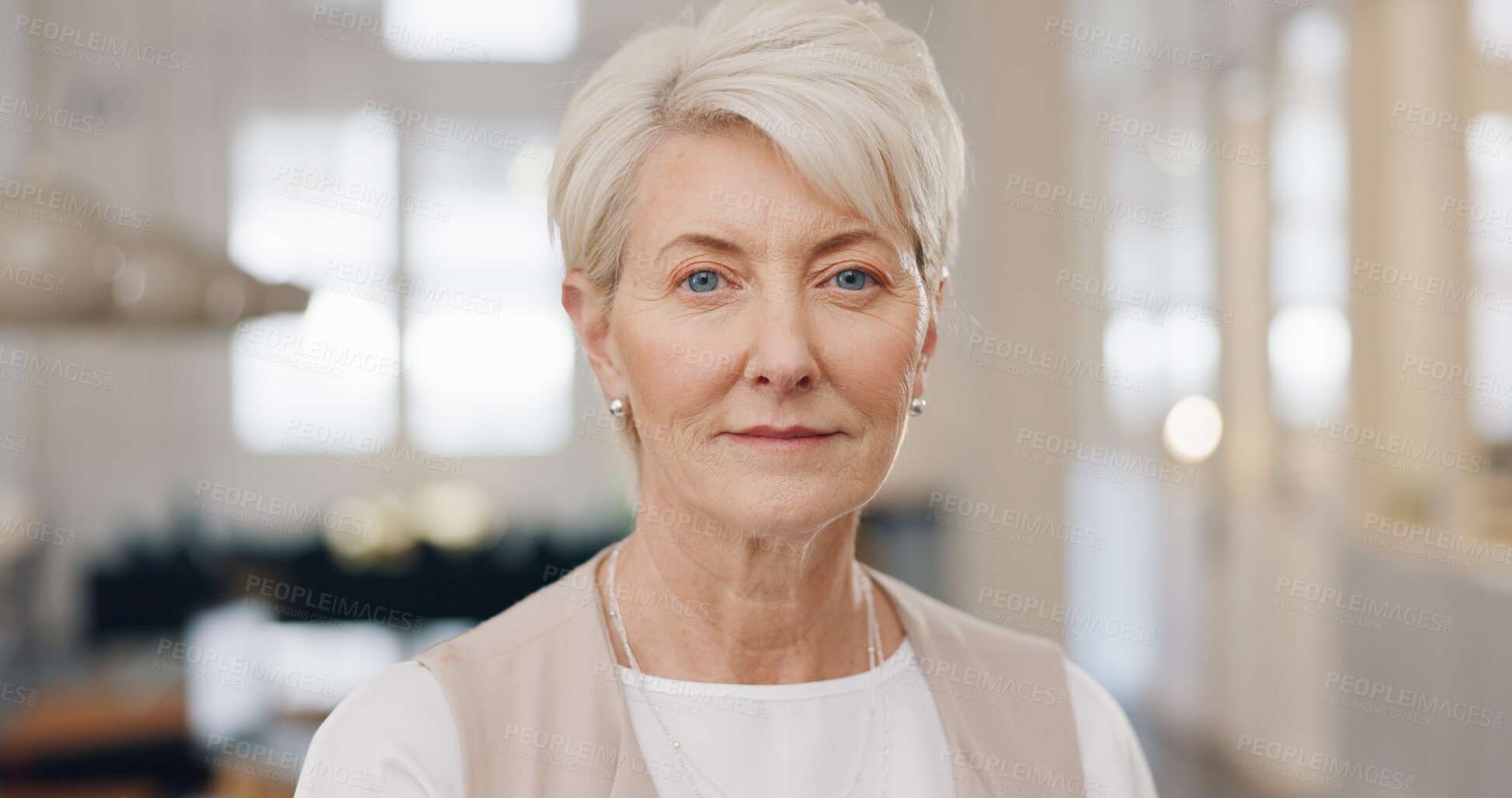 Buy stock photo Serious, pride and portrait of senior businesswoman in office with confident and corporate attitude. Career, ambition and professional elderly female ceo, entrepreneur or boss in modern workplace.