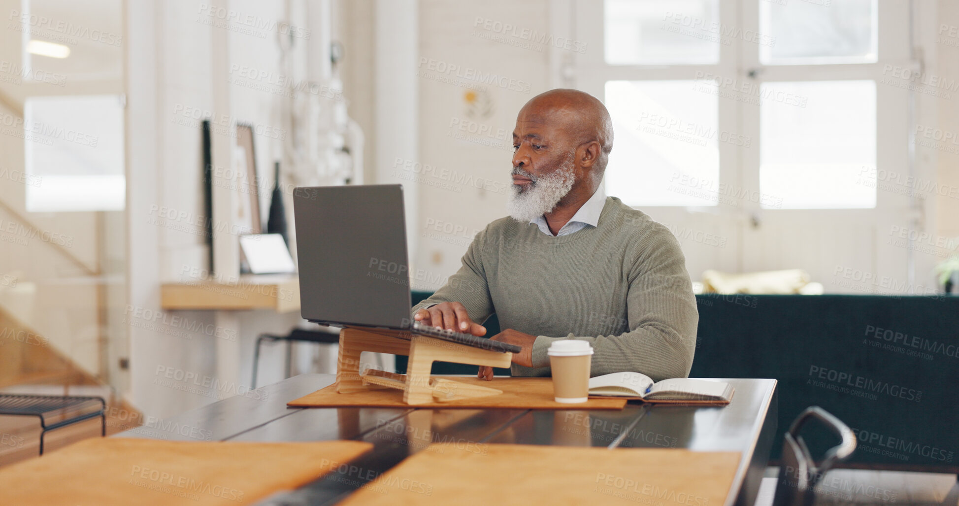 Buy stock photo Laptop, reading and senior businessman working at home office for corporate research in HR. Technology, typing and professional elderly African male ceo planning company strategy on computer in house