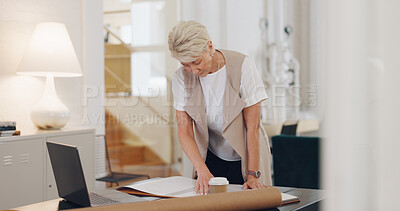 Mature woman, interior designer or laptop and documents in property decoration ideas, real estate innovation or office building staging. Creative worker or employee on technology and home decor paper