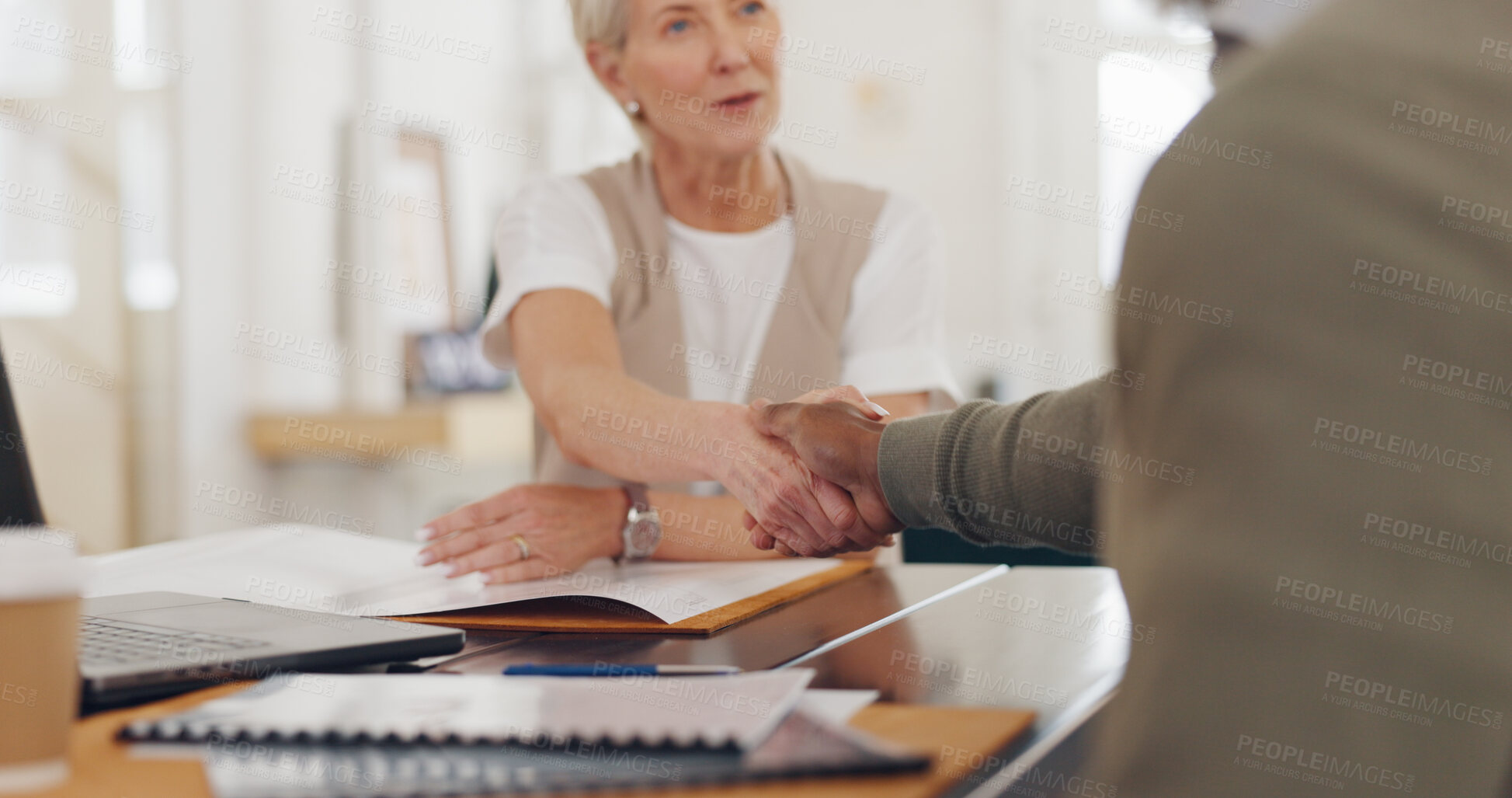 Buy stock photo Business people, handshake and interview in hiring, b2b or partnership together for teamwork at office. Employees shaking hands in meeting or deal for recruiting, welcome or agreement at workplace