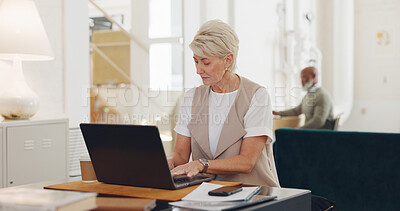 Senior woman, home office and phone call with laptop, smile and focus on communication on internet. Corporate lady, computer and using phone for working from home in management, HR and reading email