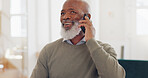 Senior black man, work and home with phone call, communication and laptop on desk for online crm job. Mature worker, home office and using phone for conversation, discussion or negotiation with client