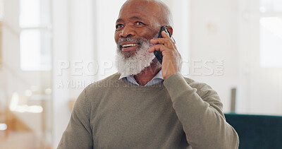 Senior black man, work and home with phone call, communication and laptop on desk for online crm job. Mature worker, home office and using phone for conversation, discussion or negotiation with client