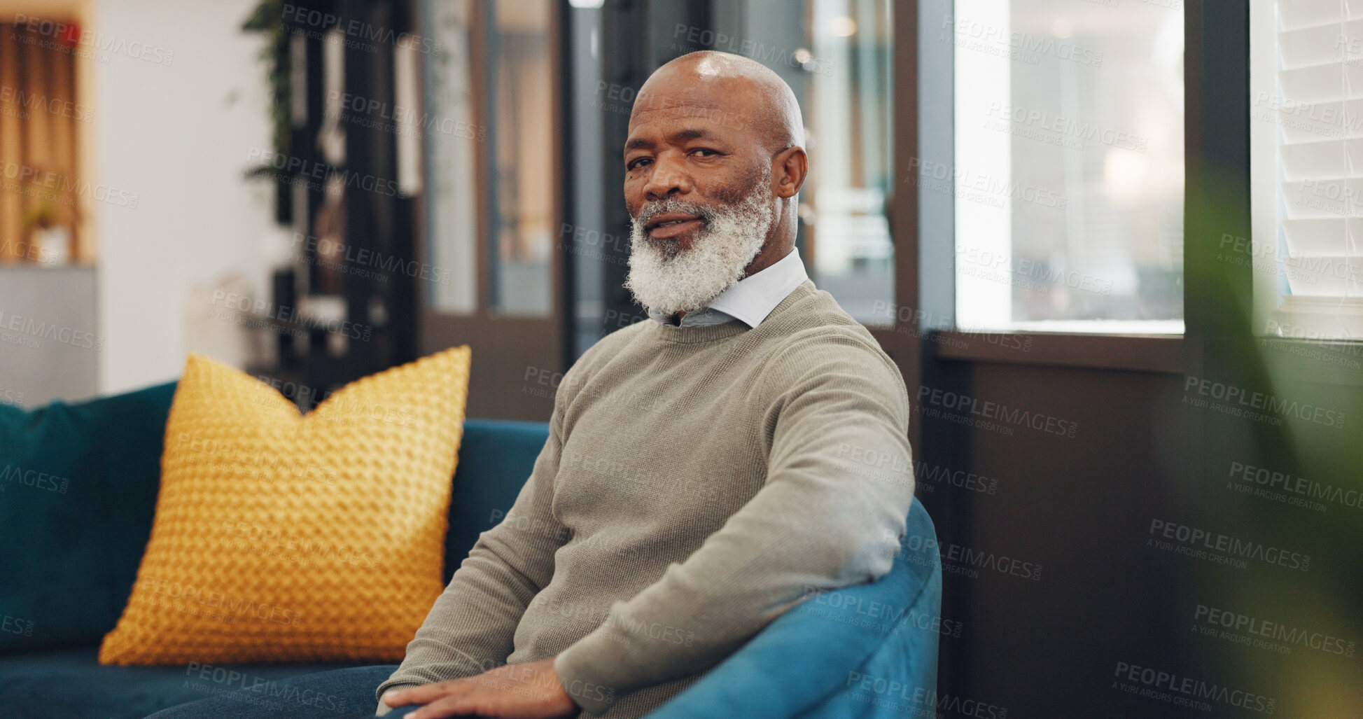 Buy stock photo Black man, senior executive in corporate lounge and portrait, professional with pride and mission in business. Finance company CEO, management with career satisfaction, African boss and expert