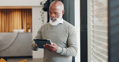 African businessman, tablet and thinking by window with communication, email or research on internet. Senior black man, strategy and innovation on web, app or schedule planning on calendar in Miami