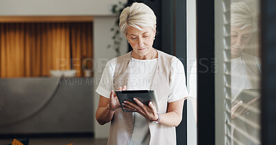 Mature business woman, tablet or window thinking of digital marketing ideas, advertising innovation or calendar management. Manager, ceo or leadership and technology, modern office research or review