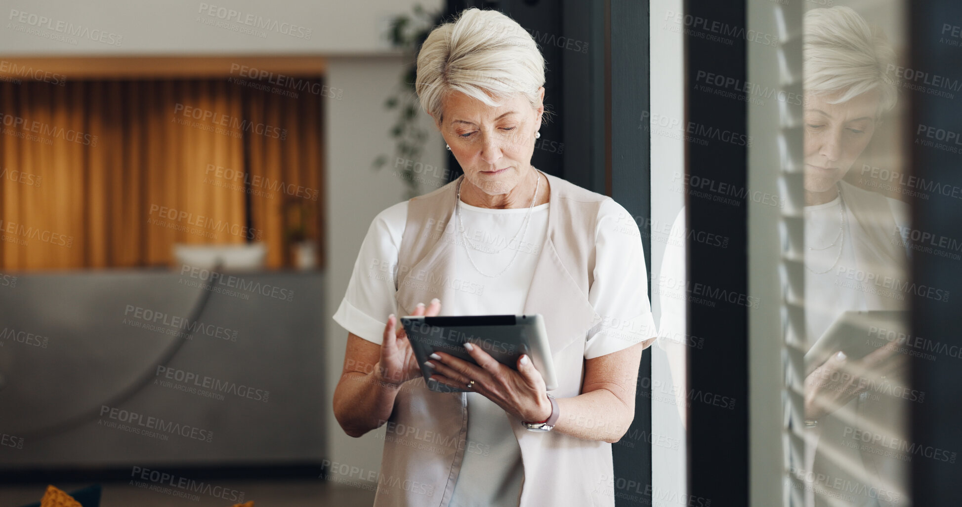 Buy stock photo Business, office and senior woman with a tablet, typing and connection with network, social media and professional. Mature person, employee or worker with tech, email notification and search internet