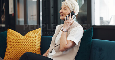 Phone call, travel and business woman in lobby for global networking, customer service and hospitality check, review or update. Smartphone, success and senior ceo or boss talking on sofa in a hotel