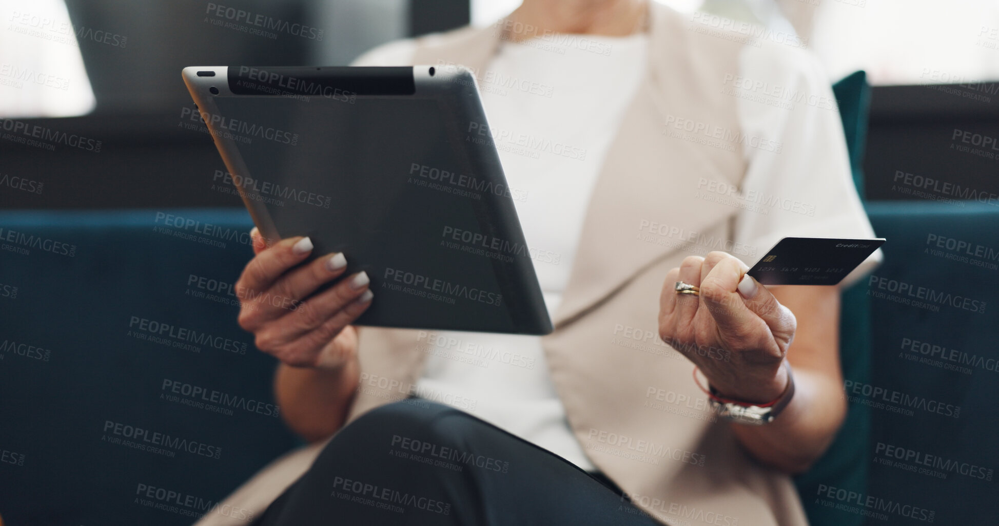 Buy stock photo Woman hands, tablet and credit card for online shopping, fintech payment and e commerce on home sofa. Person on digital technology for internet banking, website subscription and application for loan