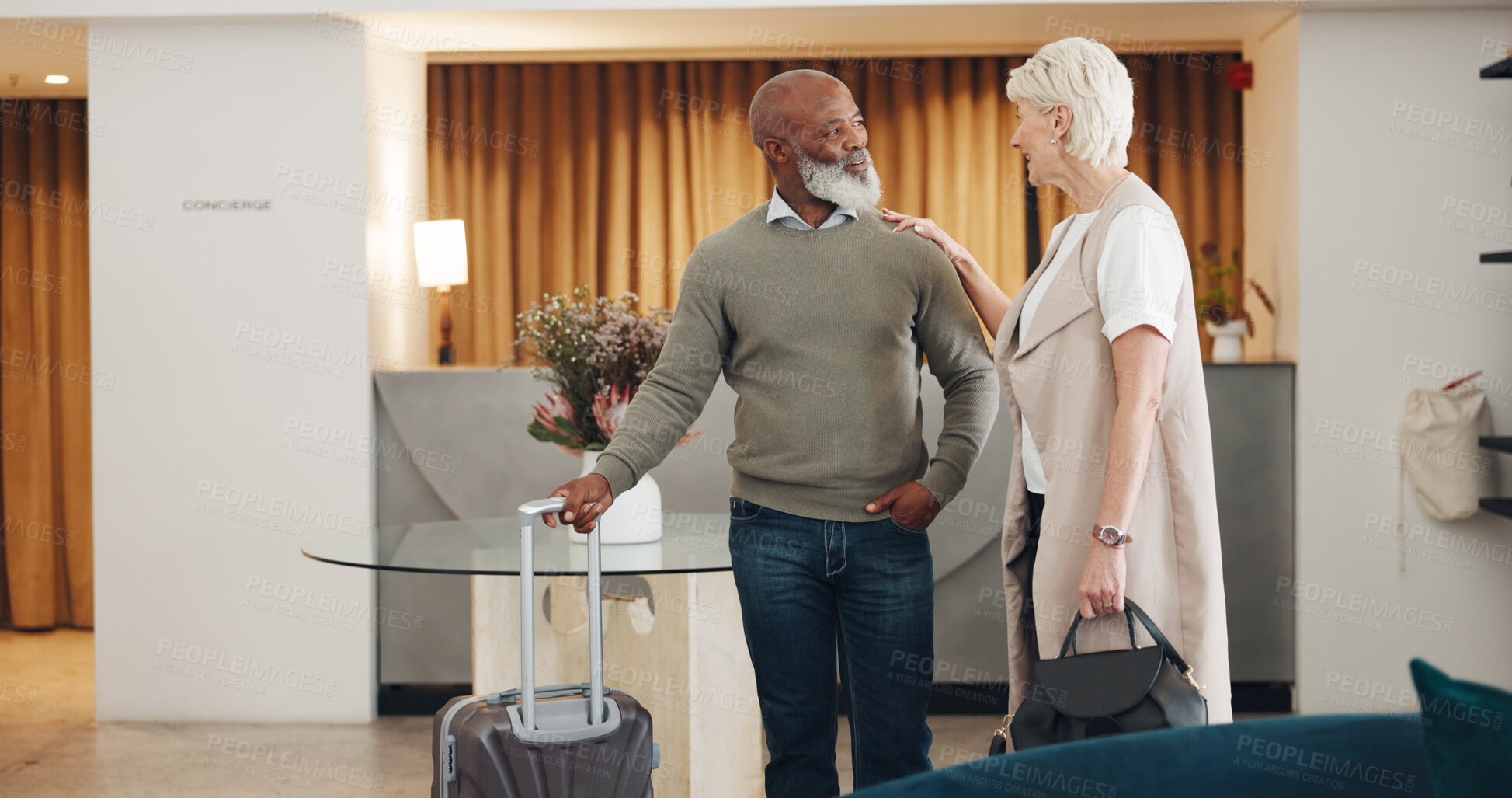 Buy stock photo Business people, travel and company team in hotel lobby, senior executive convention and diversity. Support, trust and collaboration with CEO, luggage with black man and woman on corporate trip