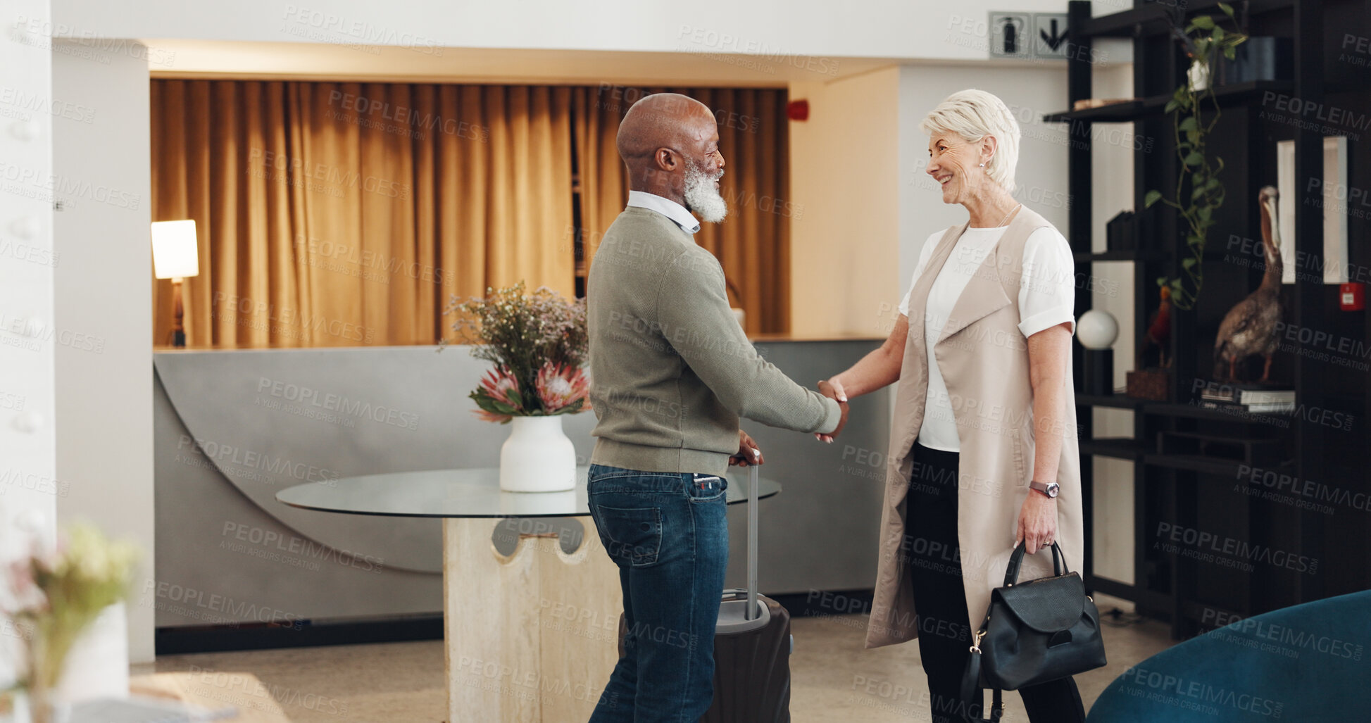 Buy stock photo Business people, travel and handshake in a hotel for b2b, hello or welcome greeting gesture. Shaking hands, crm and senior partners in a lobby with thank you, welcome or deal negotiation success