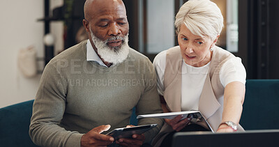 Business people, tablet and conversation working on report, reading communication or planning startup leadership strategy. Senior man, woman and discussion on digital tech device