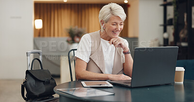 Video call, virtual meeting and laptop with a business woman remote working from an airport waiting terminal. Computer, communication and business meeting with a senior female employee at work