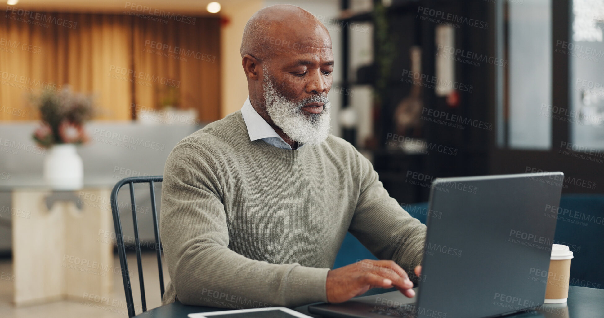 Buy stock photo Laptop, research and a senior business black man at work in an office for email communication or project management. Computer, email and a corporate manager typing a review or report for feedback