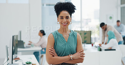 Black woman, smile and corporate portrait for business success, leadership motivation and confident ceo management in office. African woman, proud leader and happy for manager achievement or vision
