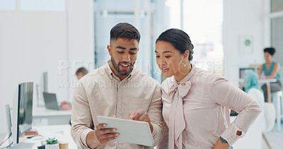 Buy stock photo Tablet, planning and collaboration with a business team in the office together for a strategy discussion. Technology, teamwork or diversity with a man and woman employee in a workplace in Asia