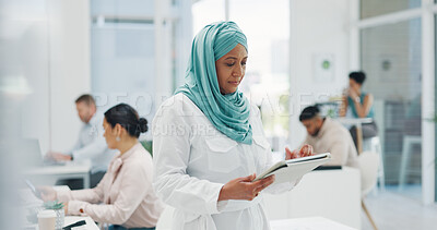 Buy stock photo Muslim woman, tablet and hijab in research, communication or networking for schedule planning at office. Islam, female person or creative employee working on technology for online strategy or startup