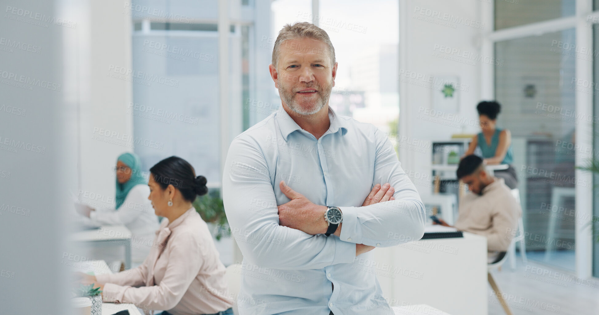 Buy stock photo Portrait of CEO, happy businessman with confidence at digital agency or management in office. Corporate boss, business man or senior manager at startup workshop with pride, arms crossed in leadership