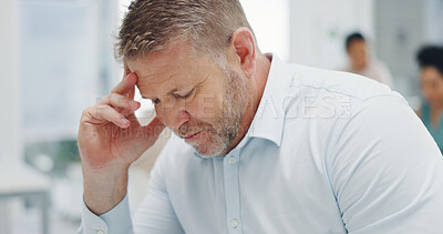 Buy stock photo Businessman, headache and stress in mistake, debt or bankruptcy from financial crisis at office. Tired man or employee in burnout, depression or fail with anxiety, mental health or pain at workplace