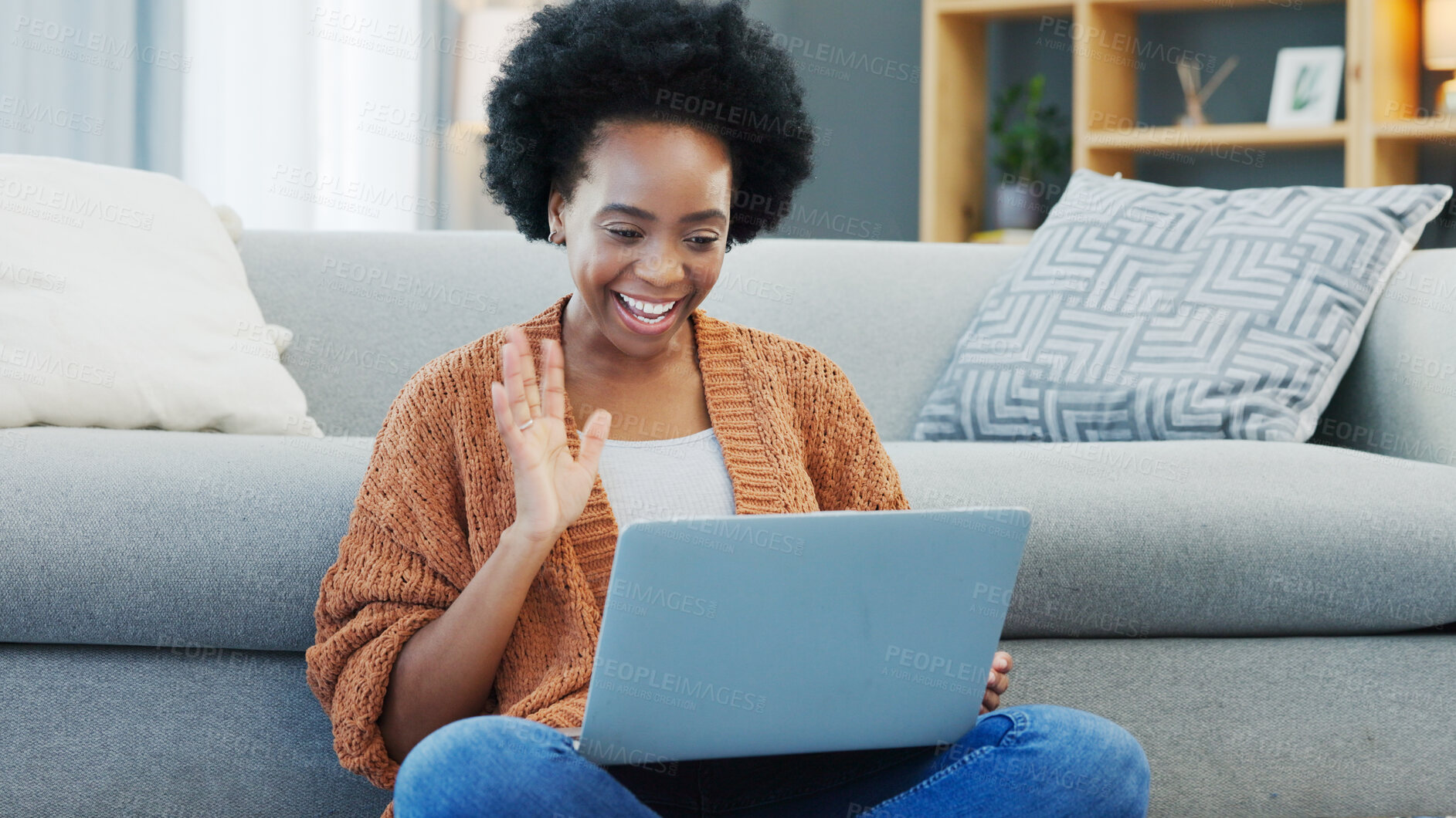 Buy stock photo Video call, laptop and black woman in living room for conversation, talking and communication. Happy, relax and person wave for hello on computer for social networking, online chat and discussion