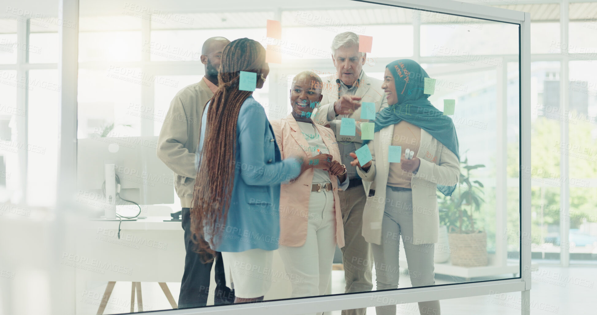 Buy stock photo Planning, collaboration and sticky notes on glass in the office with a business team talking about strategy. Teamwork, meeting and coaching with a black woman leader teaching her staff at work