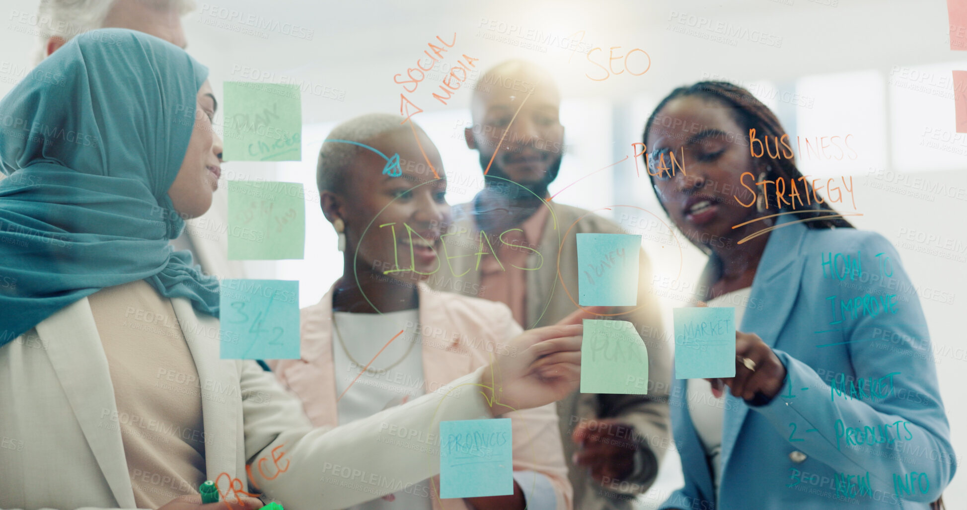 Buy stock photo Meeting, collaboration and sticky notes on glass in the office with a business team talking about strategy. Teamwork, planning and coaching with a black woman leader teaching staff in boardroom