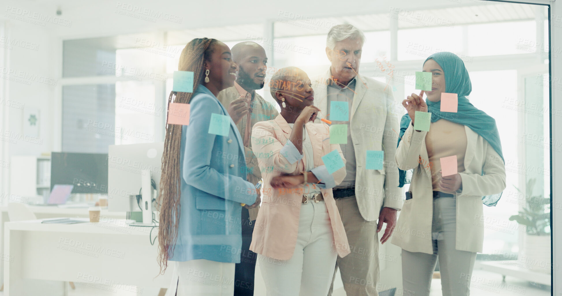 Buy stock photo Meeting, thinking and sticky notes on glass in the office with a business team talking about strategy. Collaboration, planning and coaching with a black woman leader teaching her team at work